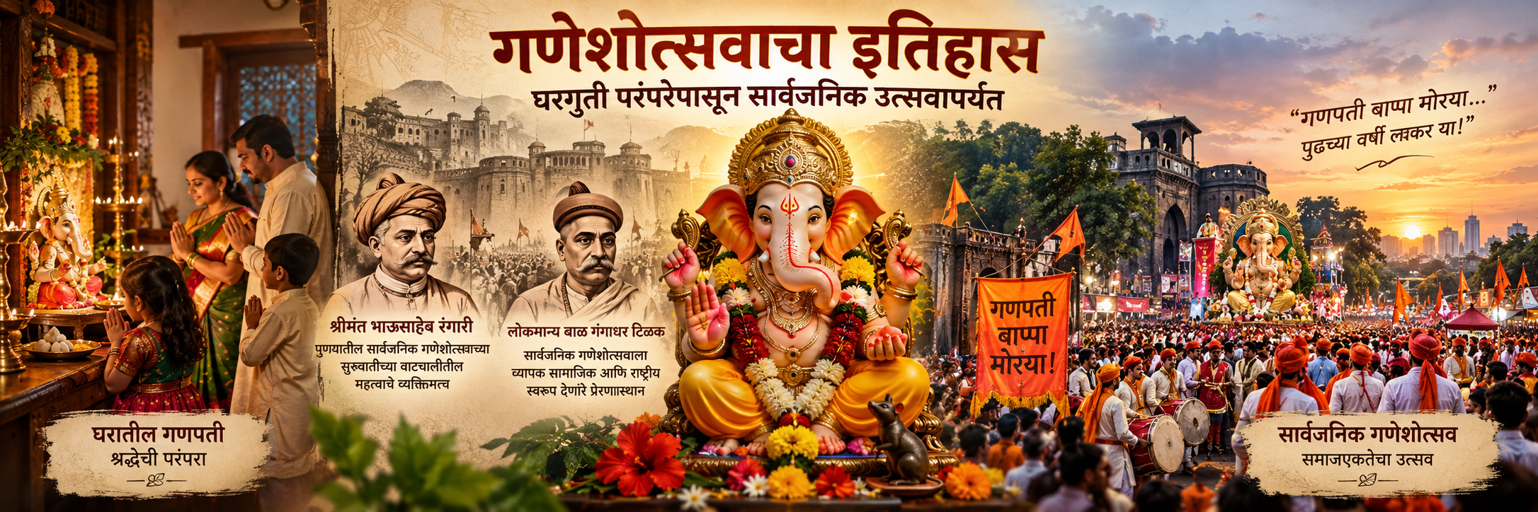गणेशोत्सवाचा इतिहास — घरगुती परंपरेपासून सार्वजनिक उत्सवापर्यंत cover
