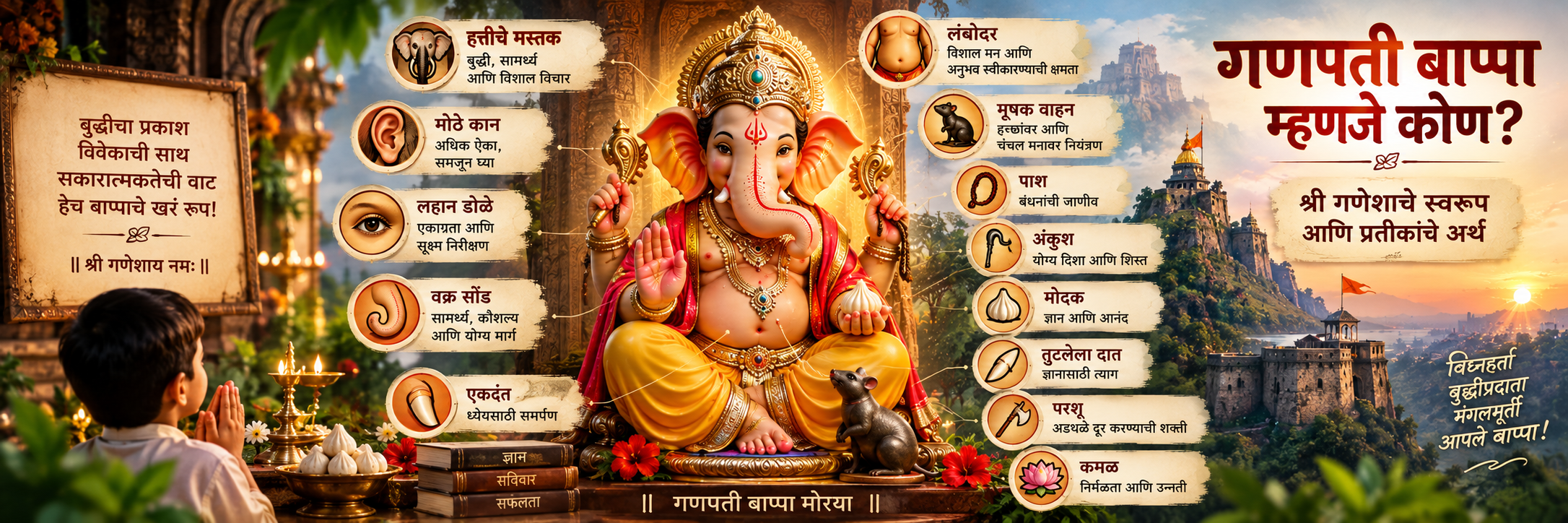 गणपती बाप्पा म्हणजे कोण? — श्री गणेशाचे स्वरूप आणि प्रतीकांचे अर्थ cover
