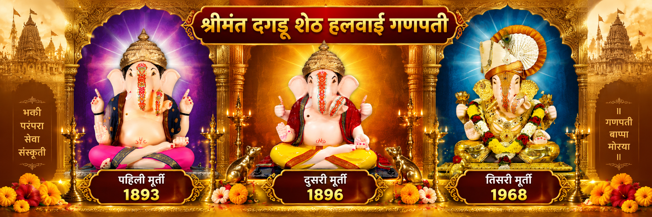 श्रीमंत दगडूशेठ हलवाई गणपतीच्या तीन मूर्तींचा इतिहास मुखपृष्ठ छायाचित्र
